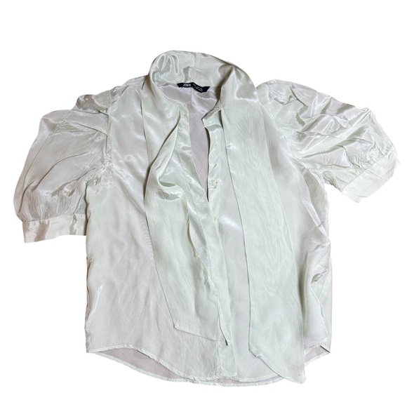 Zara| Women’s Sea Green Mint Tied Satin Blouse-Size S - Picture 3 of 11
